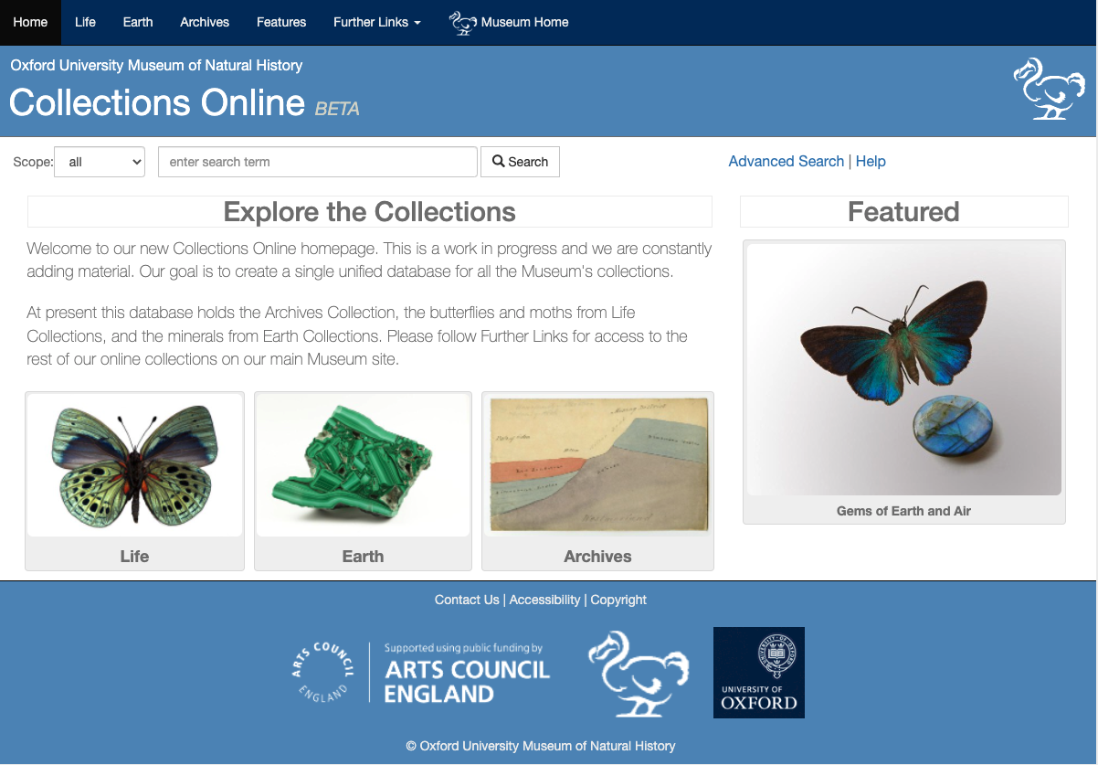 Oxford University Museum of Natural History Collections Online home page, beta: access to Life, Earth and Archives collections, together with a separate 'Featured' section