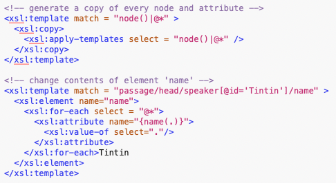 XSLT Code snippet in two parts - copy and then modify a node (element called 'name')