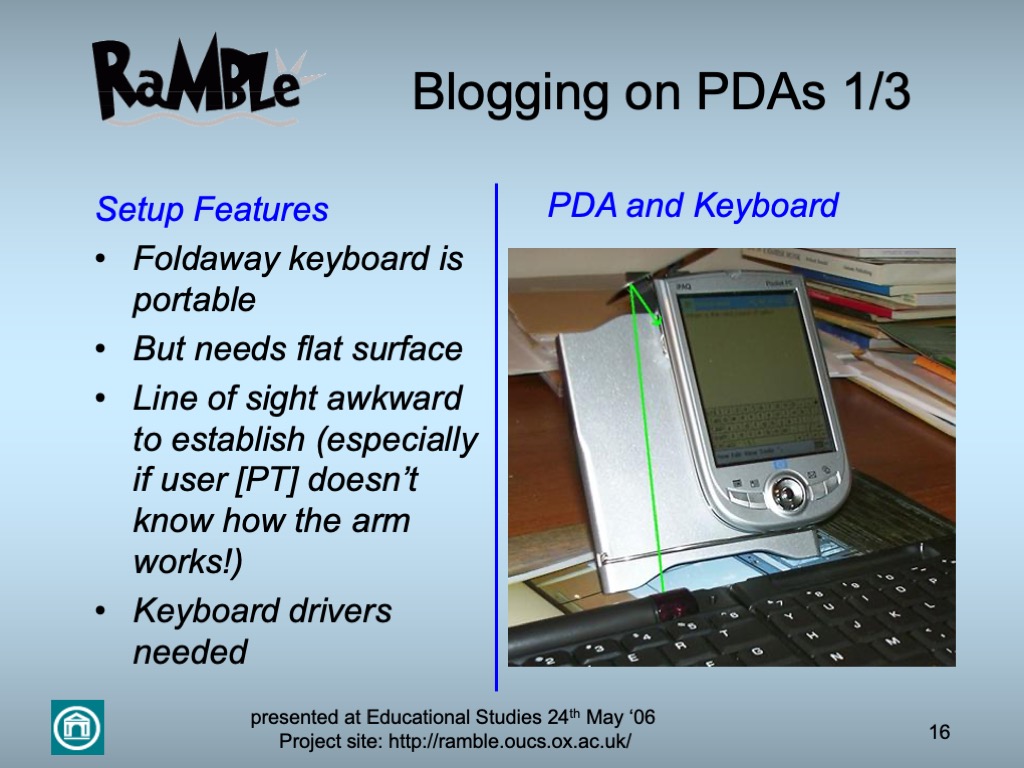 A presentation slide split between 'Setup Features' (notes) and 'PDA and Keyboard' (annotated photo)