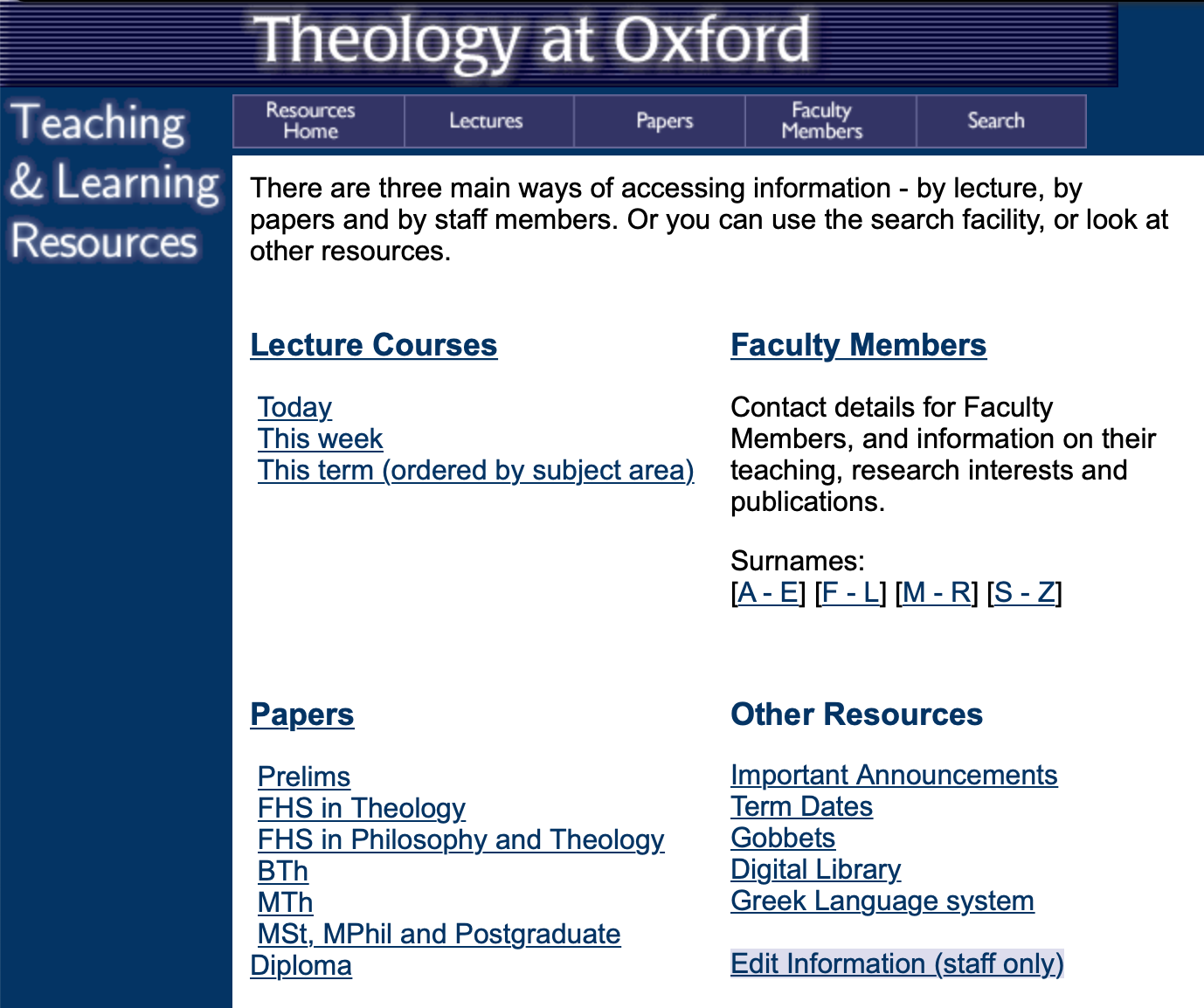 Theology Faculty Teaching & Learning Resources website (screenshot):
