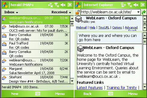 The screenshots from Paul's smartphone show an Inbox listing message with subject, date (mid-April 2008), sender and message size; on the right is the home page for WebLearn, with menu links and a welcome message.