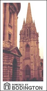 A graphic consisting of a photo of the University Church of St Mary the Virgin, Oxford, with a 'Powered by Bodington' logo underneath